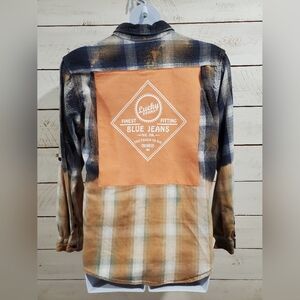 Upcycled / Recycled Flannel Plaid Shirt with Lucky Brand orange/peach patch